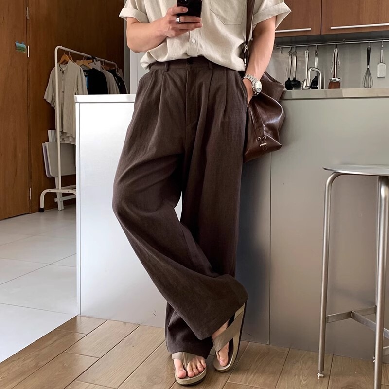 Brown "Thin Cotton-Linen" High-End Casual Pants for Men, Versatile Long Pants, Loose Straight-Leg Wide-Leg Pants, Trendy