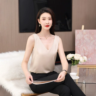 杏色无袖背心女夏季新款气质V 领时尚女装西装内搭吊带打底衫上衣