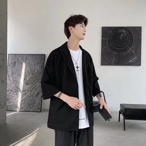 DF47TP65 Summer Loose Casual Suit Commute Trend Brand Simple Basic Solid Color Loose Matchable Outerwear for Men