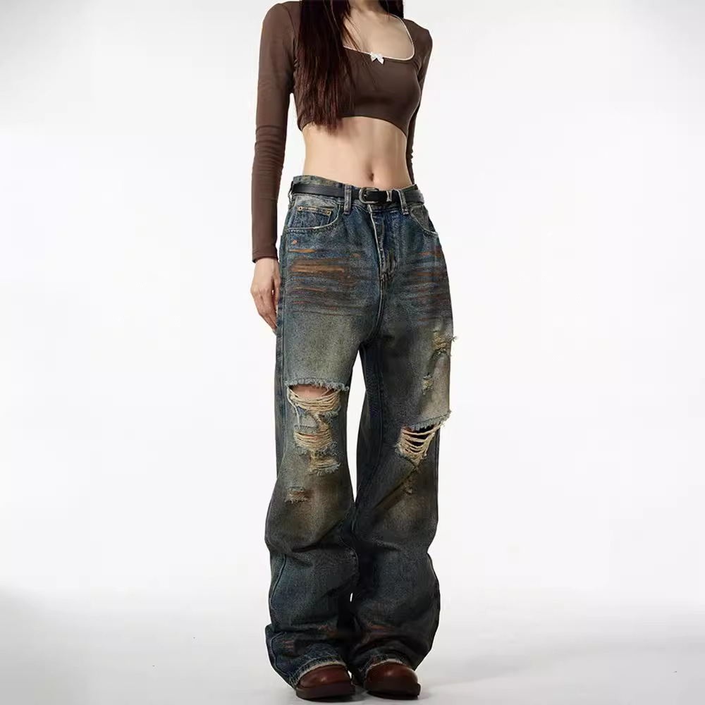 Bitte beachten Sie die Größentabelle!   Please refer to the size chart in the picture American style ripped design floor length jeans for men, _voghion.com