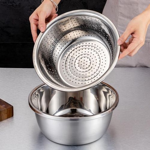 Stainless Steel Shredder Bowl Three-Piece Set Kitchen Household Multi-Functional Shredder Bowl Drainage Bowl Rice Washing Bowl Drainage Basin Vegetable Washing Basin 
