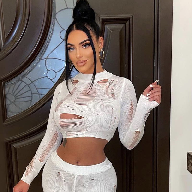 Fashion Solid Color Hollow Out Pants Sets 2 Piece Set