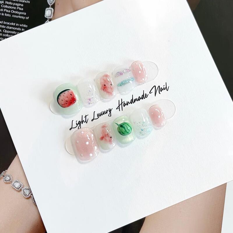 【An Yi】Polka Dot Little Watermelon Ice Transparent Colorful Cute Handmade Wearable Nail Art Gradient High-End Nail Stickers