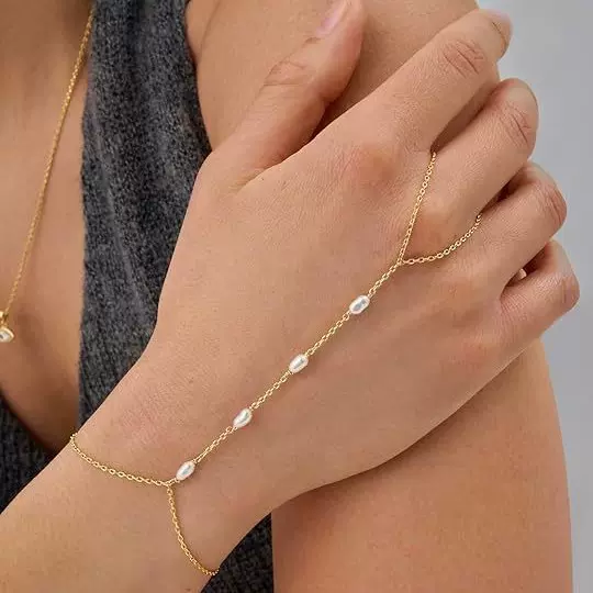 亚马逊爆款欧美简约冷淡风珍珠锆石链条手链女夏季沙滩风手指链