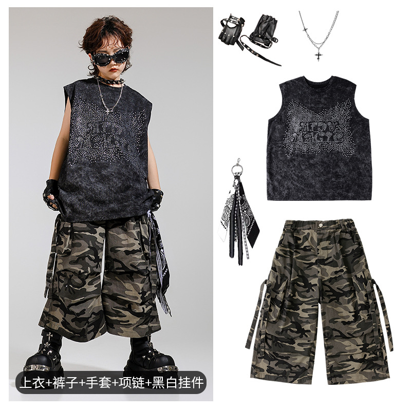 Disfraz de niño de baile callejero para niños, traje de chaleco sin mangas de diamantes calientes para niños guapos