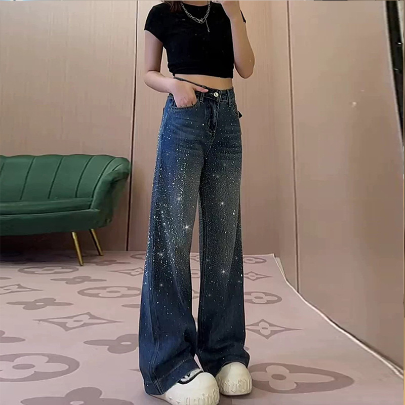 Blue Rhinestone Sequin Flared Jeans for Women 2025 Autumn New High-Waisted Slim Fashion Versatile Bootcut Pants