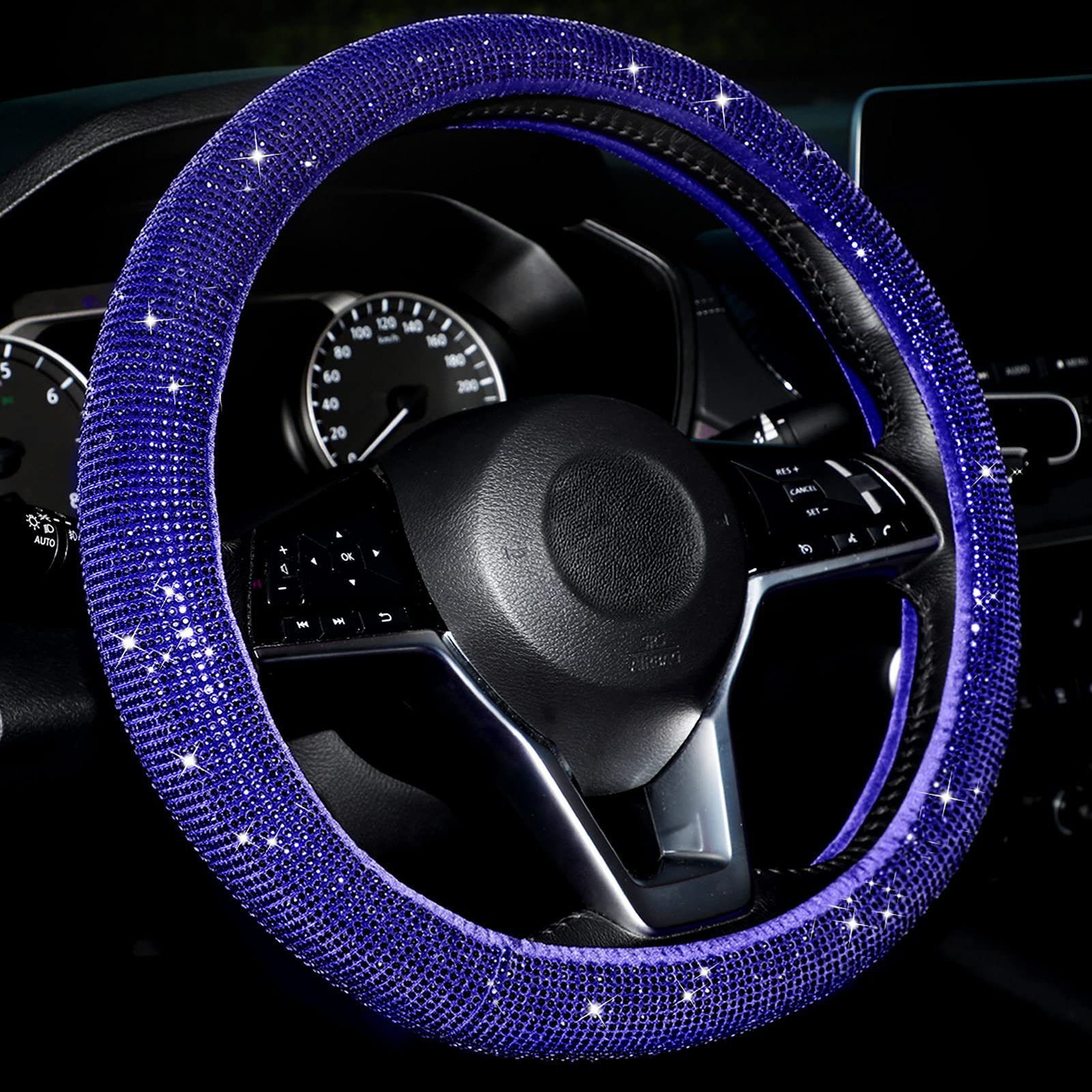 Car Steering Wheel Cover with Diamonds, No Inner Ring, Full Diamond Rhinestone Cover with Diamond Mesh, Hot-Studded Diamonds, Full Diamond Elastic Grip Cover