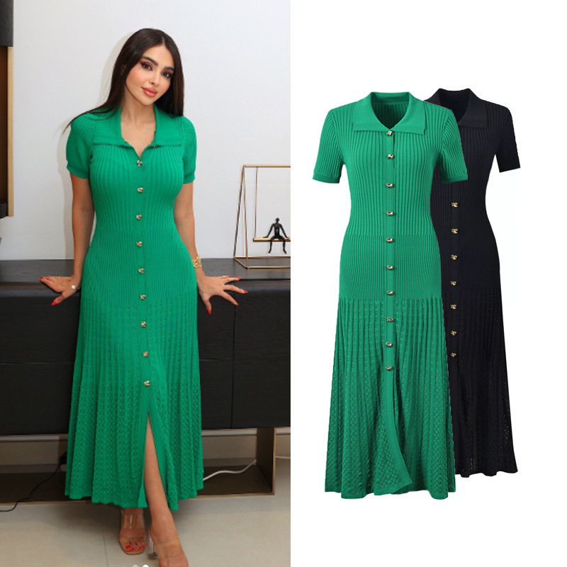 Cross-Border Polo Collar Knitted Flared Skirt 2025 European and American Style Slim Waist Mid-Length Dress Women's Knitted Dress