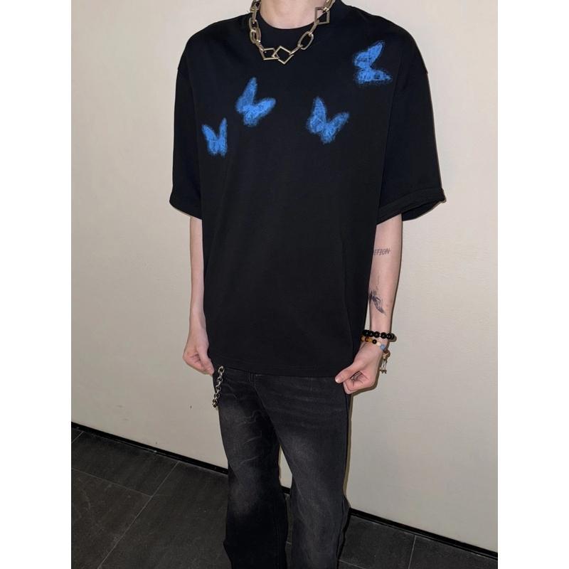 Dark Butterfly Versatile Printed Pure Cotton Short-Sleeved Men's Niche Loose European and American Summer Casual Round Neck T-Shirt Hip-Hop