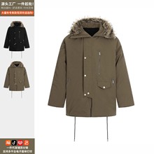 宽松保暖情侣中长款棉衣外套2025美式复古军绿色毛领连帽棉服男女