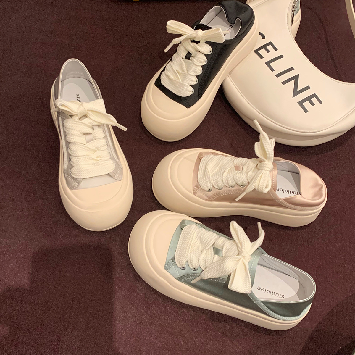 Versión de cuero de vaca ~ Grape Madre con zapatos casuales de satén transpirables, lazos de altura de suela gruesa, zapatos de cuero blanco para mujeres