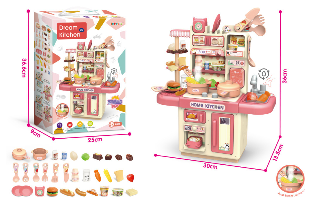 Comercio exterior infantil simulación de 36CM pulverización de luz de cocina de agua conjunto de mesa de platos de cocina de juguetes