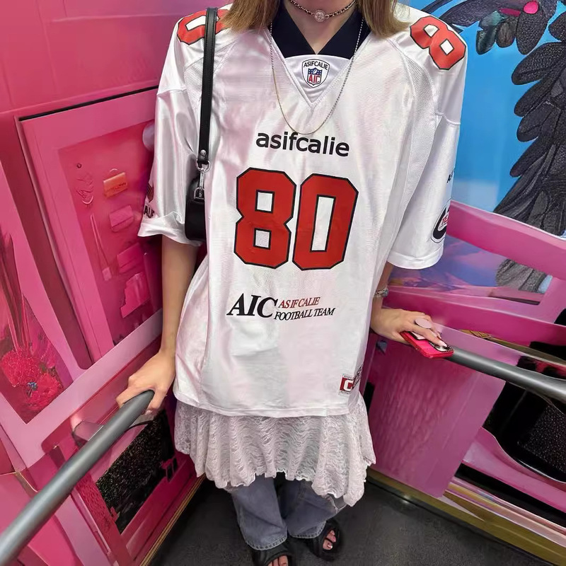 In-Stock Korean Niche Fashion Brand Minji Kim Min-Ji Same Style Patchwork Jersey Casual Loose Short-Sleeve Digital Jersey