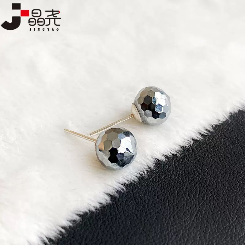 晶尧 太赫兹耳钉多晶硅矿石太硅石耳饰S925钛赫兹128球面网红