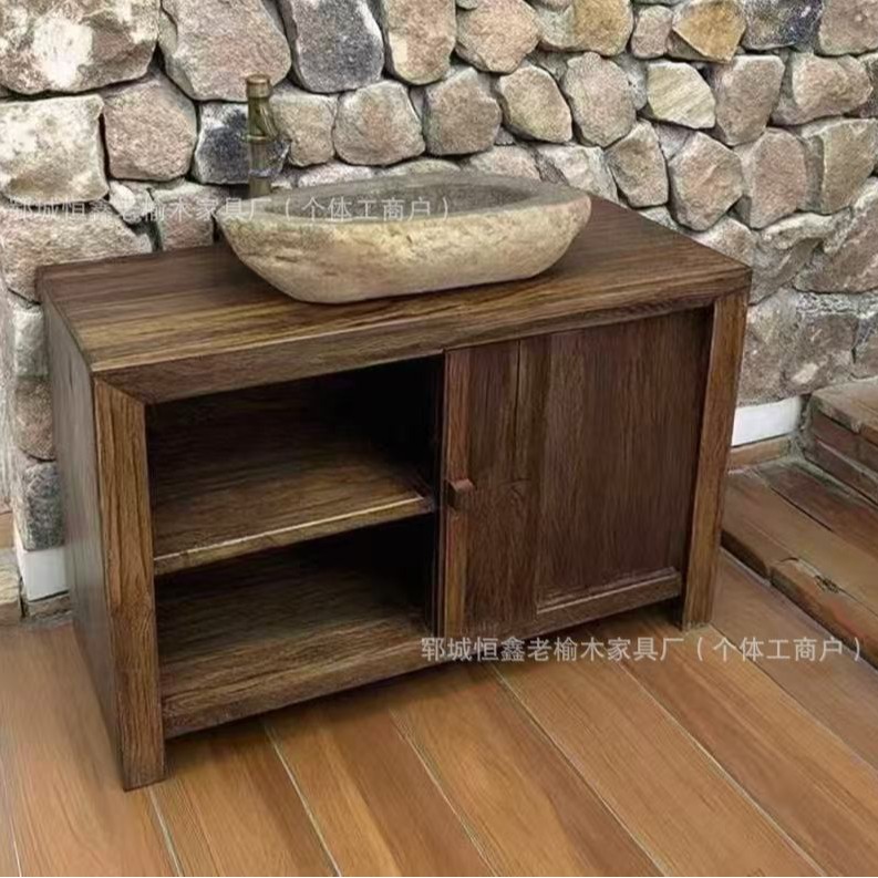 Weathered Old Elm Bathroom Cabinet Washbasin Wabi-Sabi Style Washbasin Combination Medieval Floor-Standing Washbasin