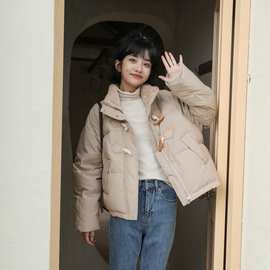 2023冬季新款学院拼接毛绒立领牛角扣面包服加厚保暖手塞棉外套女