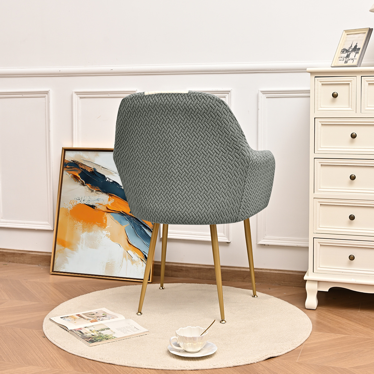 Elástico transfronterizo jacquard T-striped color nuevo cubierta de silla curva a prueba de polvo alto reposabrazos de forma especial cubierta de silla de comedor de hotel