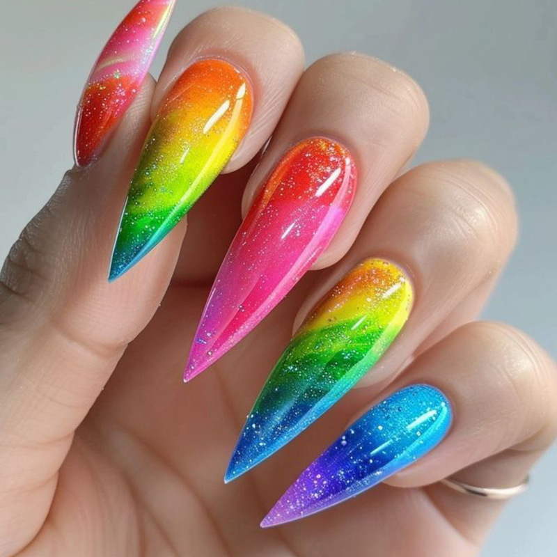 Wearable Long Nails with Water Droplets, Glossy Gradient, Rainbow Color Glitter, Long Tips, Fashionable Removable Fake Nails, Manicure Nails Wearable Long Nails with Water Droplets, Glossy Gradient, Rainbow Color Glitter, Long Tips, Fashionable Removable Fake Nails, Manicure Nails