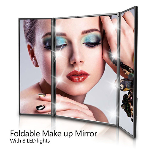 日本三面折叠镜带灯桌面小镜子便携式三面折叠调光化妆补光支架镜