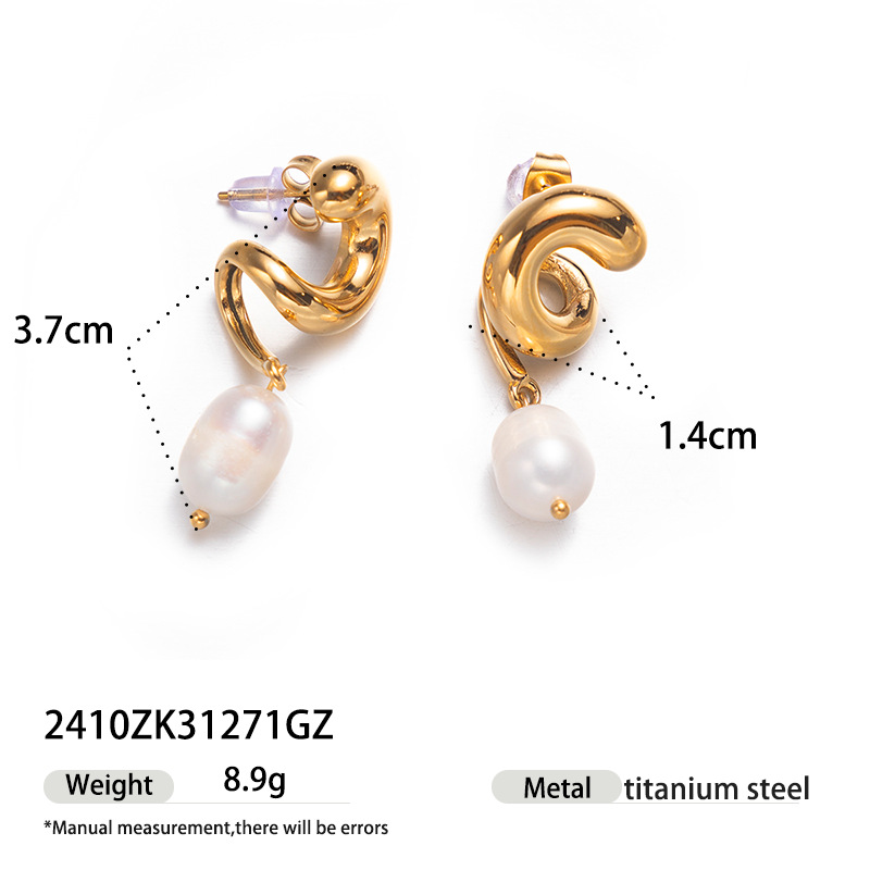 Taena Pendientes de acero inoxidable europeos y americanos Advanced Perlas naturales Colgante de lujo ligero Joyas explosivas transfronterizas Earrings