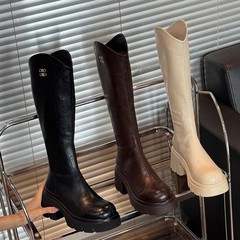 2025新款厚底V口长筒骑士靴女新款加绒棉鞋瘦瘦靴高筒长靴大筒围
