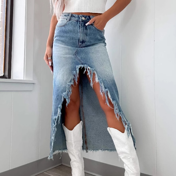 2025 Amazon Women's Spring New Denim Skirt High Waist Irregular Rust Distressed Washed Skirt Women