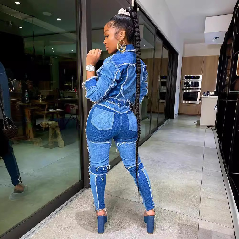 Trendy Women's Denim Jacket & Pants Set With Patchwork Design - Comfortable Polyester Blend For Casual & Office Wear_voghion.com