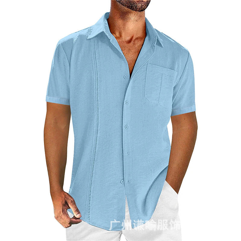 Cross-Border Wholesale European and American Style Cotton and Linen Shirts, Men's Cuban Collar Hollow-Out Decorative Casual Vacation Shirts Cross-Border Wholesale European and American Style Cotton and Linen Shirts, Men's Cuban Collar Hollow-Out Decorative Casual Vacation Shirts
