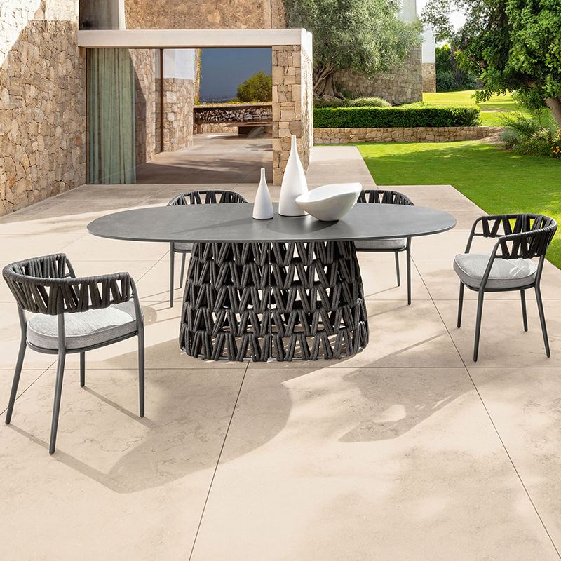 Mesas y sillas para exteriores, jardín de villa con patio, sillas de ratán resistentes al sol y a la lluvia, mesa de comedor de pizarra para terraza, mesa redonda y sillas para exteriores image 14