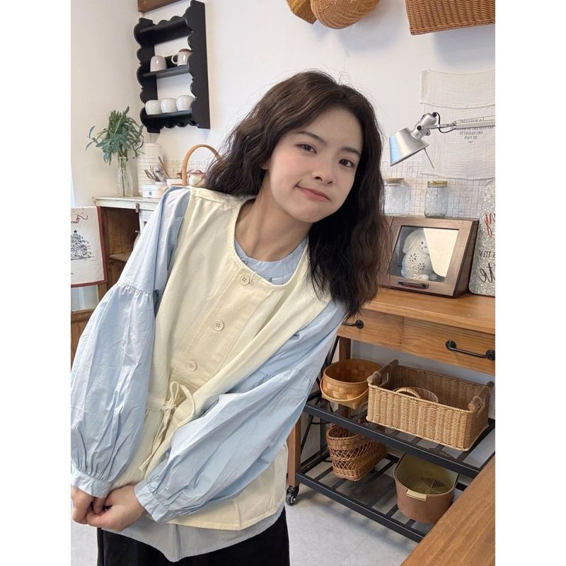宽松百搭圆领长袖衬衫叠穿绑带马甲套装2025春秋新款时尚两件套女|undefined