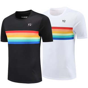 New Badminton Clothes Men's and Women's Top Quick-drying Children's Students Rainbow Short-sleeved Sports Training Clothes Breathable 23033