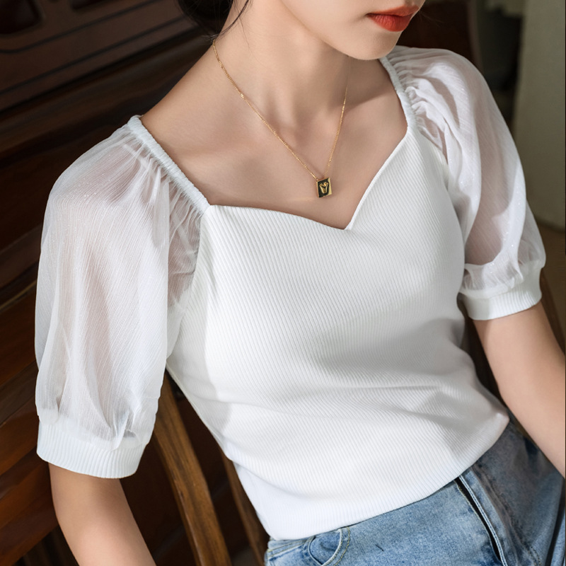 Camiseta modal de manga corta para mujer verano 2023 nueva Camiseta de algodón con costura de gasa para mujer Camiseta de cuello cuadrado de clavícula francesa