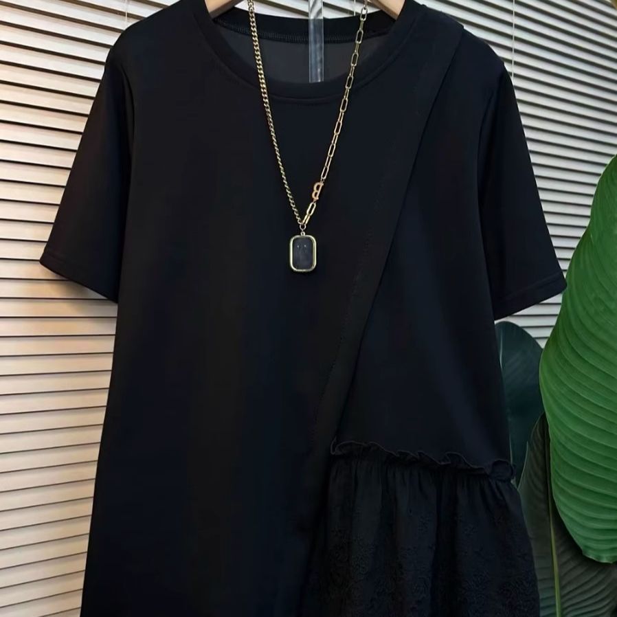 Gran tamaño gordo mm encaje cosido camiseta de manga corta mujer irregular verano 2025 nuevo suelto delgado blusa de cobertura image 2