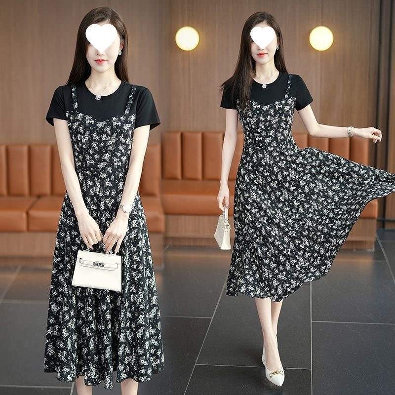 2025新款连衣裙女洋气拼接短袖长裙假两件遮肚显瘦胖mm气质碎花裙|undefined
