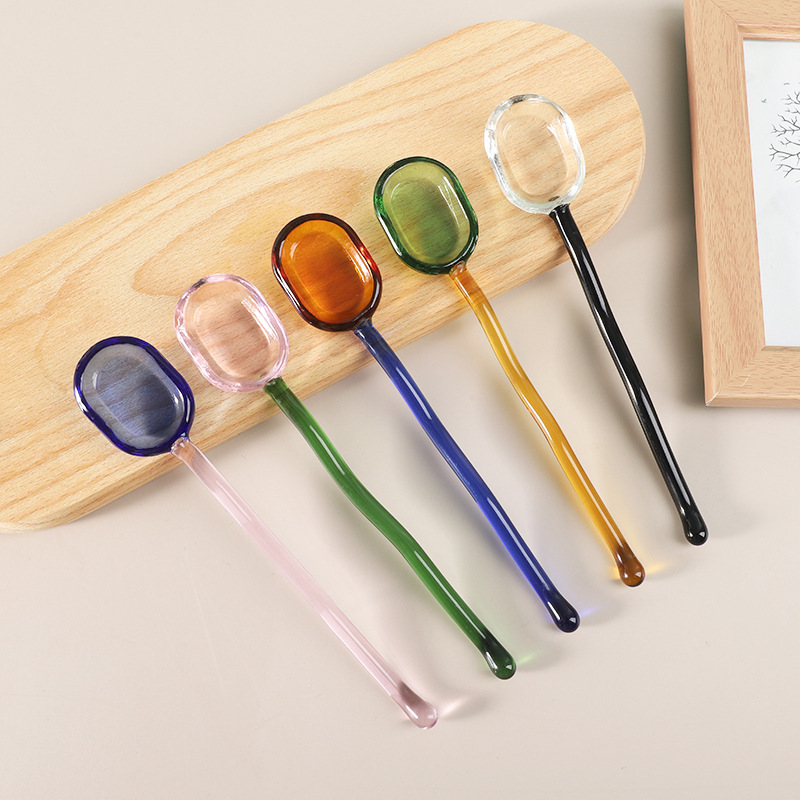 Creative milk dessert spoon color pastoral transparent high temperature resistant glass spoon cute long handle coffee mixing spoon Creative milk dessert spoon color pastoral transparent high temperature resistant glass spoon cute long handle coffee mixing spoon
