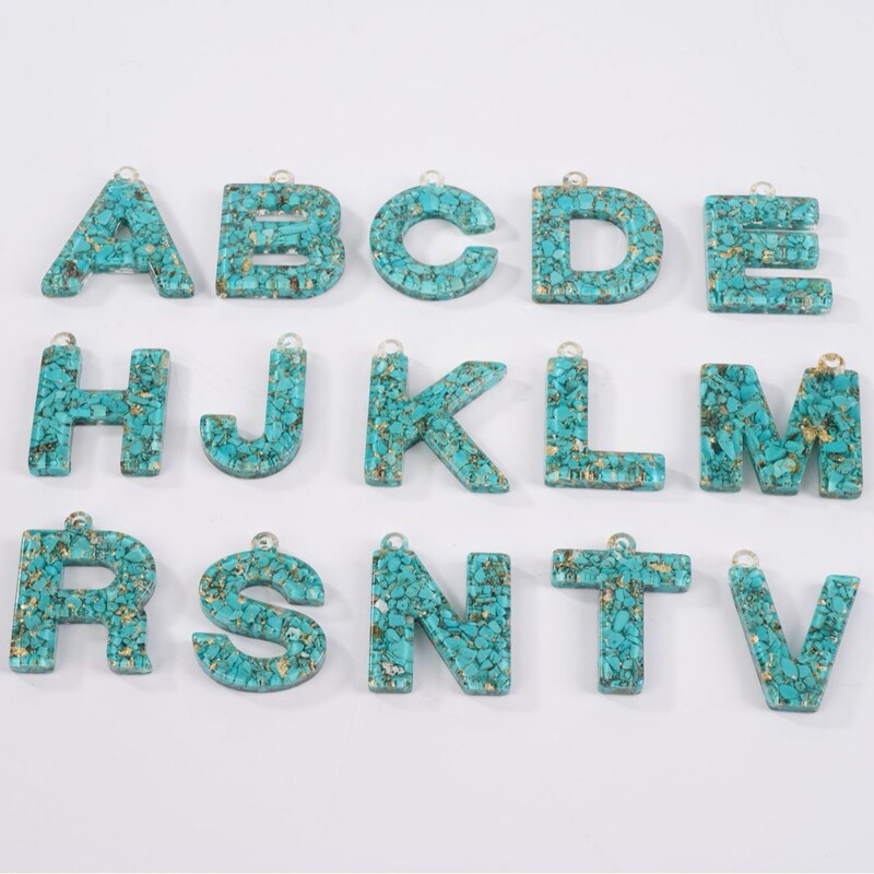 Natural turquoise gravel resin English letter pendant handmade resin DIY accessory keychain decorative pendant
