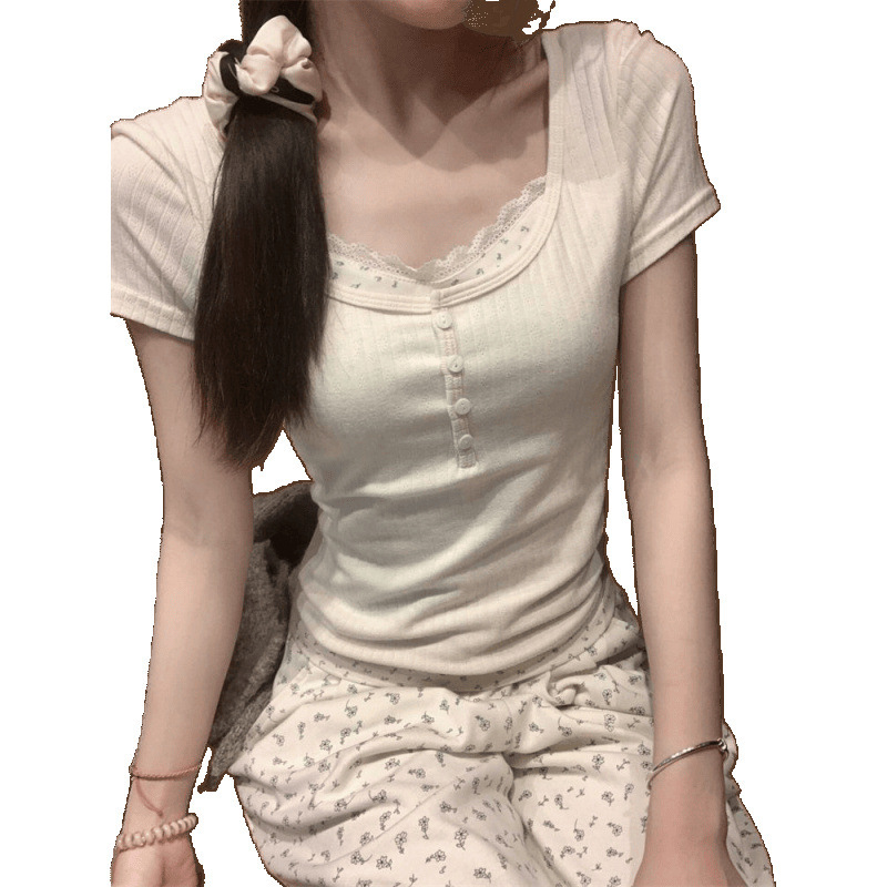 假两件花边短袖恤女夏季设计感小众修身显瘦甜辣妹短款修身上衣|undefined