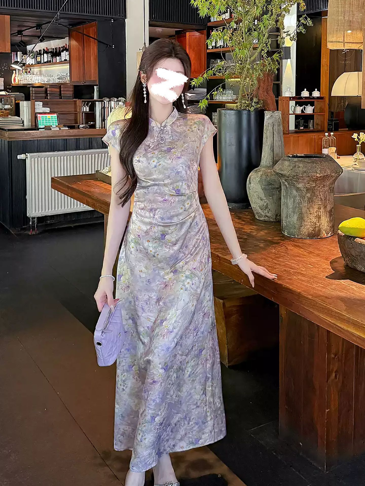 Đầm maxi nữ thắt eo họa tiết hoa nhí phong cách Trung Hoa hiện đại — màu tím