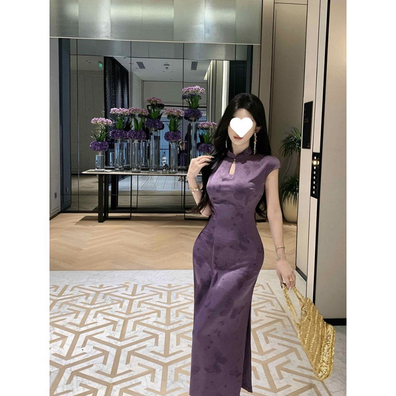 Purple, Flattering, New Chinese-style, High-end, Improved Printed Short-sleeve Cheongsam, 2025 Summer Elegant Long Dress_ecoleips.com