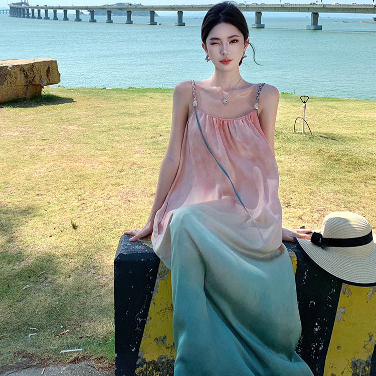 海南三亜海辺リゾートスタイルグラデーションスパンコールドレス女性の夏新中国風ルーズドーパミンロングスカート|undefined