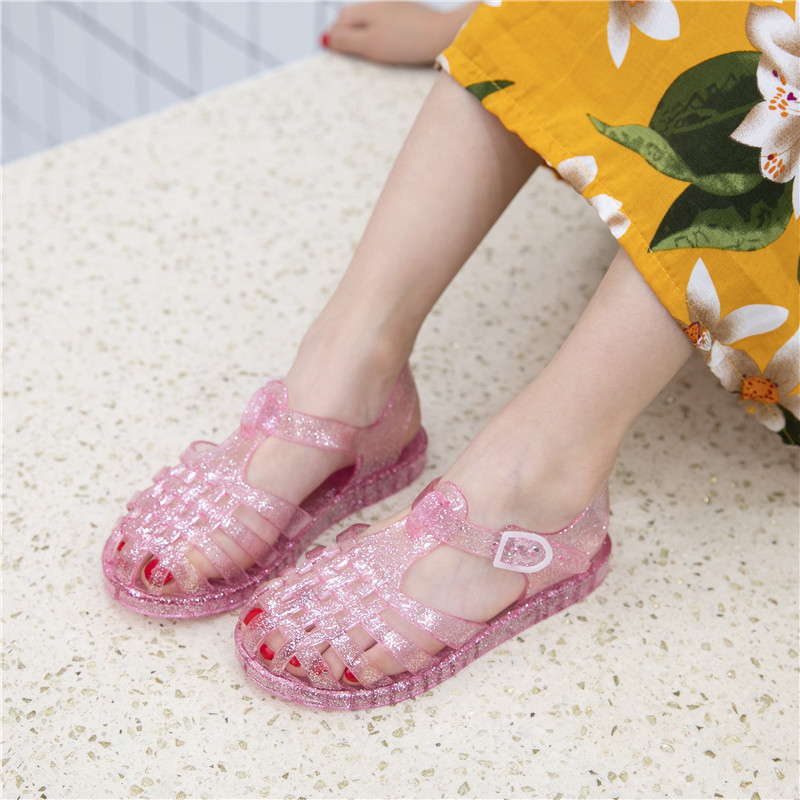 2025 Girls Crystal Sandals Non-slip Princess Children's Roman Shoes Summer Small and Medium Kids Jelly Plastic Beach Shoes