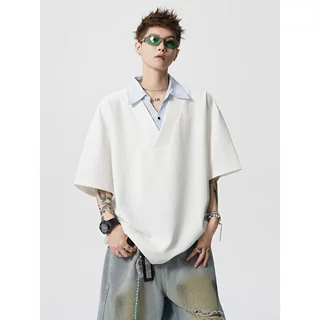 假两件衬衫领短袖男款夏季潮牌高级感宽松舒适简约时尚拼接T恤衫