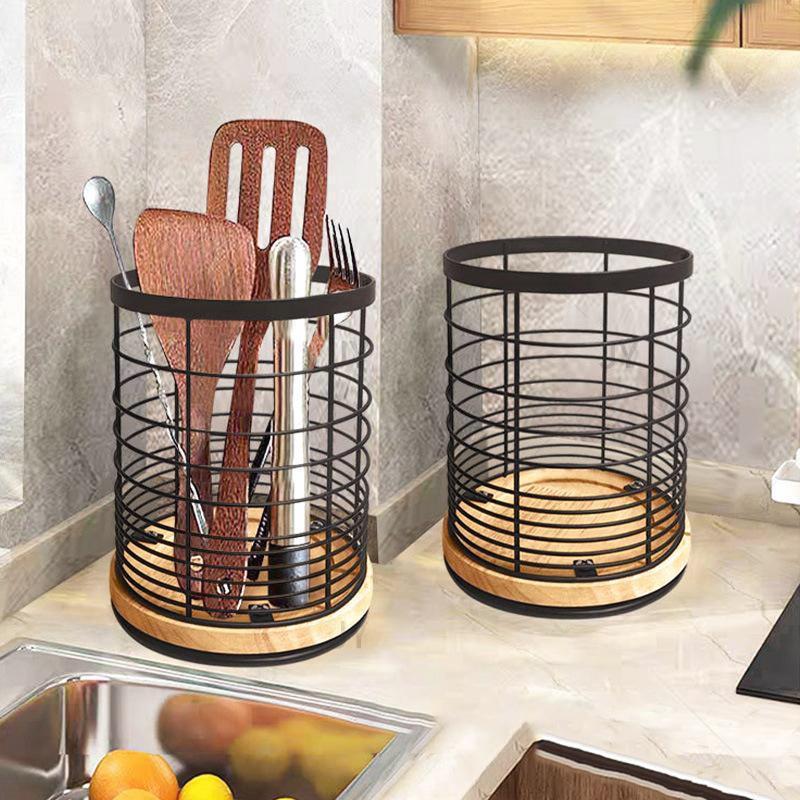 クロスボーダーキッチン食器収納ラック鉄製木製ナイフとフォーク排水ラック回転可能なキャビネット収納バスケット卸売在庫あり|undefined