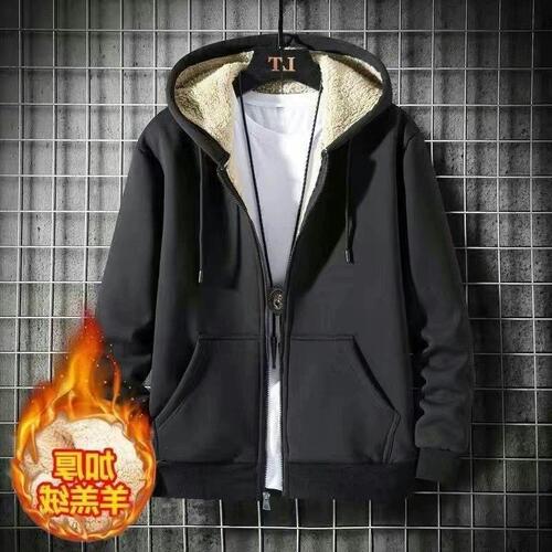 Men's winter warm sheepskin-lined padded coat loose pants set, fashionable top with thermal hoodie