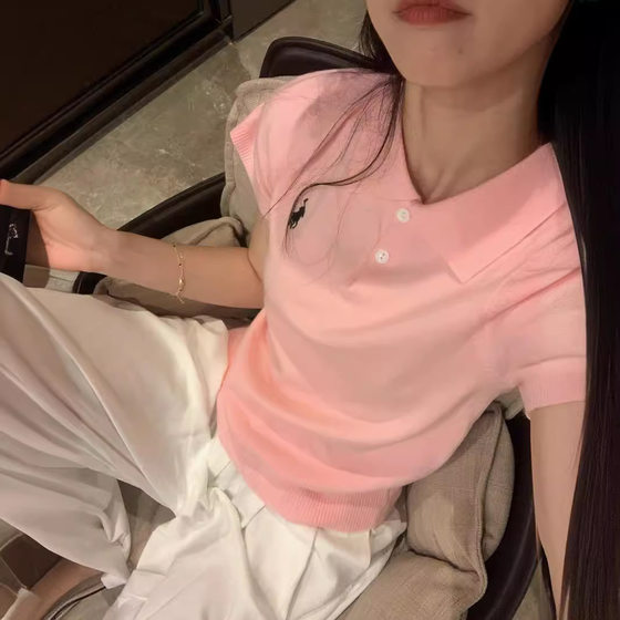 Korean Style Polo Collar Pony Malaf Embroidered Soft Waxy Knitwear Women's Pullover Short Sleeve Top Fashionable navy blue Grey