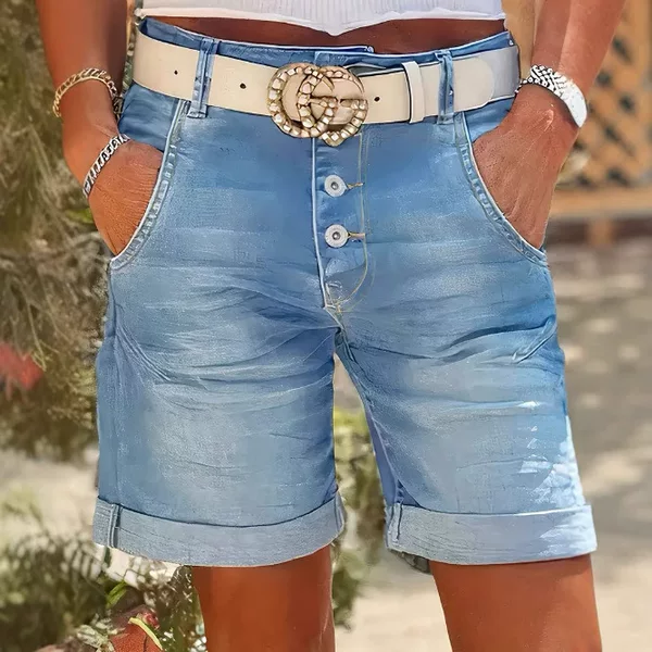 Cross-Border 2025 Summer European and American Amazon Temu Xiyin Women's Elastic High-Waisted Denim Women's Curled Mid-Pants