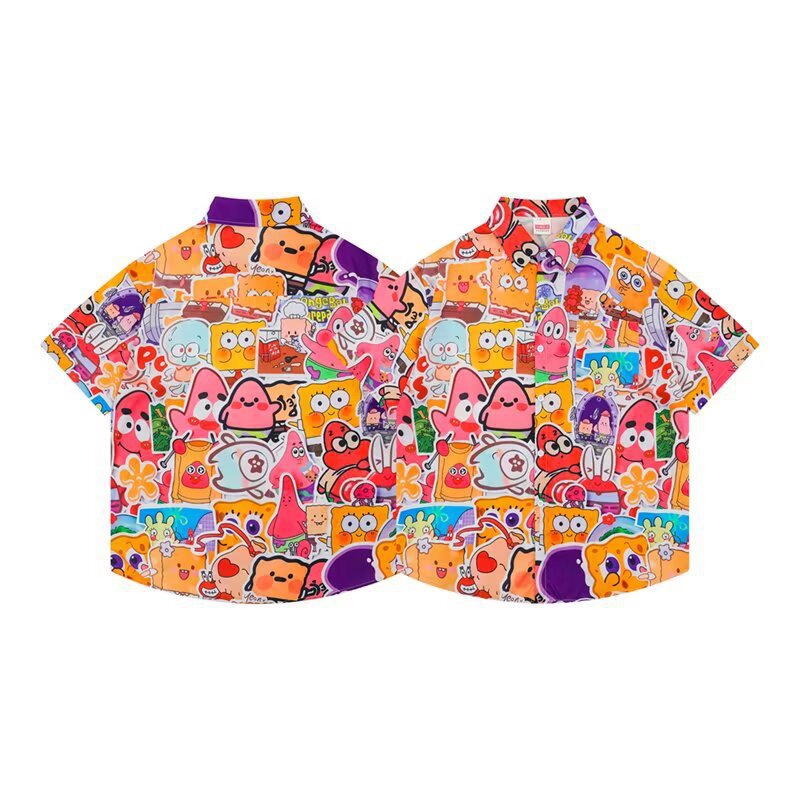 2025新款卡通海绵宝宝花满印衬衫男士春秋季潮牌时尚宽松休闲衬衣