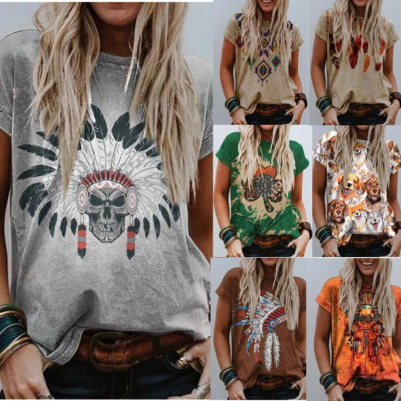 Cross-border independent station new summer urban leisure western retro style round neck printed short sleeve loose T-shirt wholesale