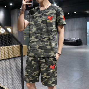 Men's Short-sleeved Camouflage T-shirt Shorts Two-piece Set Casual Sports Training Clothes Men's T-shirt Five-point Pants Set