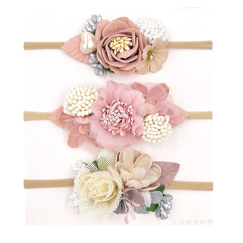 Tocado de flores de banda de pelo de tela europea y americana accesorios para el cabello de costura para niños combinación de traje de seda de rábano Rosa Flor de tocado dulce